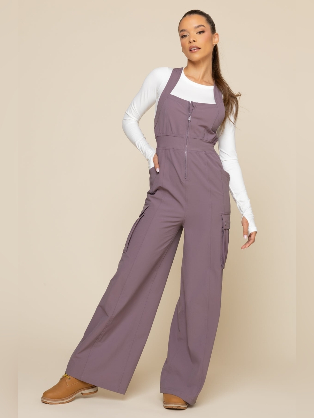 NWOT Popflex Take a Hike Overalls - Dusty Mauve Wide-Leg Utility Jumpsuit Sz XS